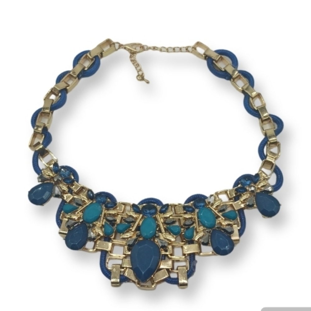 Women's Geo Cabochon Stone Bib Block Chain Necklace Blue